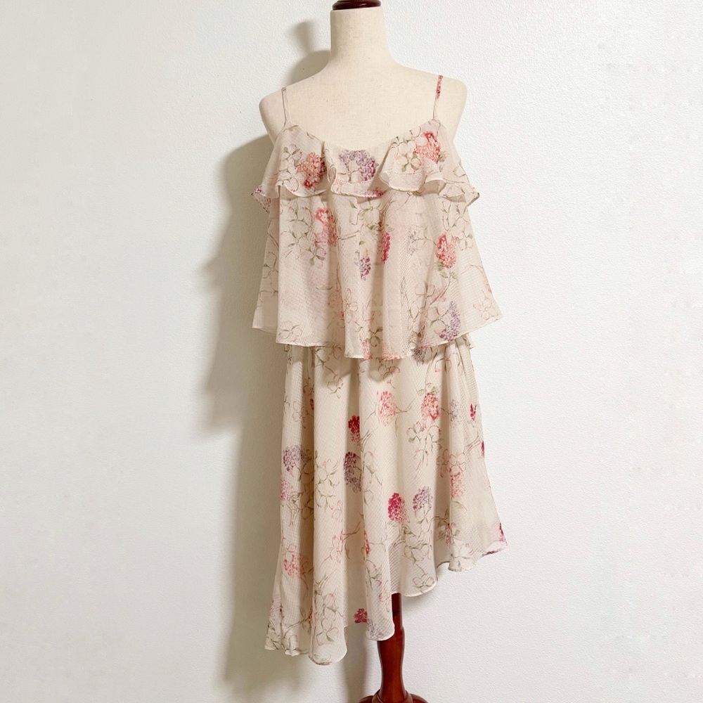 A New Day Flounced Hydrangea Floral Asymmetric Hem Dress